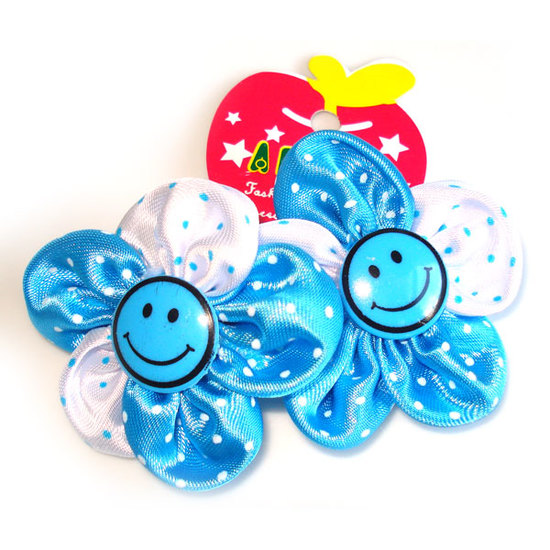Haargummis mit blau-weißen Blumen und "Sm