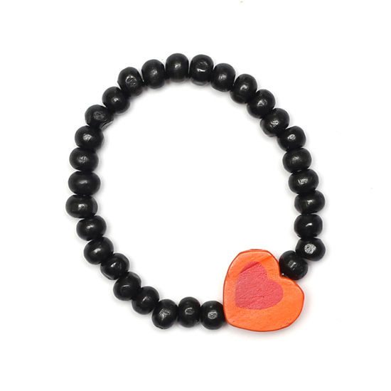 Elastisches Kinderarmband mit schwarzen Perlen und Herz aus Holz