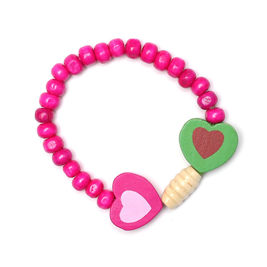 Elastisches Kinderarmband mit rosa Perlen und zwei Holzherzen